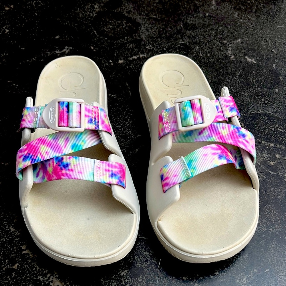 Pink and White Slide Sandals with Adjustable Straps